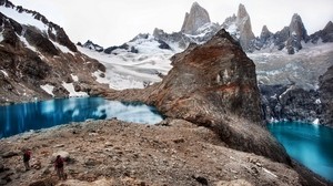 山、湖、登山者、鮮度