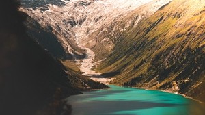 mountains, lake, slopes, peak, snow