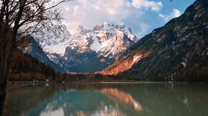 mountains, lake, shore, forest, trees