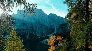 mountains, lake, trees, branches, sky, clouds - wallpapers, picture