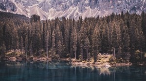 mountains, lake, trees, reflection, sky