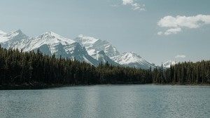mountains, lake, trees, sky, landscape