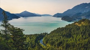 mountains, lake, trees, road