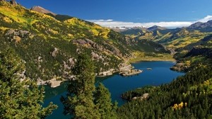 montañas, lago, árboles, bosque, alivio, paisaje, superior, claro, cielo, azul