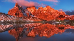 mountains, lake, house, reflection, landscape