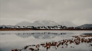 mountains, the lake, home, fog, shore, land, hill - wallpapers, picture