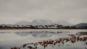 mountains, the lake, home, fog, shore, land, hill