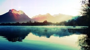 mountains, the lake, haze, morning, cool, dawn, steam, boat, pier