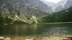 mountains, lake, stones
