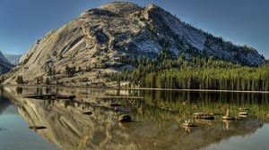 mountains, lake, stones, trees, landscape - wallpapers, picture