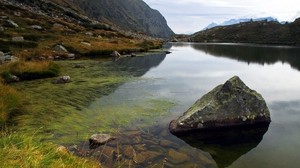 mountains, the lake, stones, algae, under water, blocks - wallpapers, picture