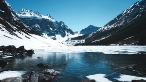 mountains, lake, ice, snow