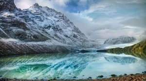 mountains, lake, ice, reflection, stones, shore, cold, freshness, clouds