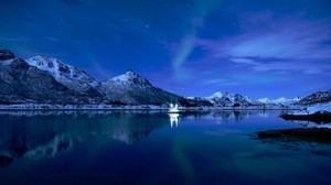 mountains, lake, boat, ice, sunset, starry sky
