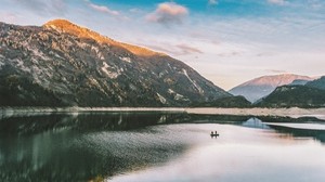 mountains, lake, boat, reflection