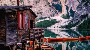mountains, lake, boats, pier, building