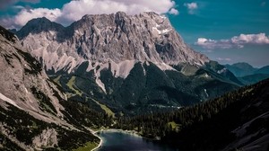 mountains, lake, clouds, top view, top, Erwald, Austria - wallpapers, picture
