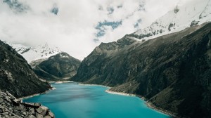 mountains, lake, clouds, stones, landscape - wallpapers, picture