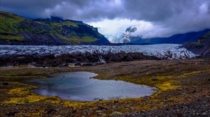 mountains, lake, clouds, snow