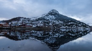 berg, sjö, reflektion, dimma