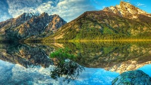 mountains, lake, reflection, mirror, clouds, bright, sky, bush