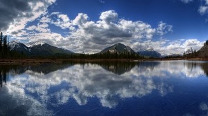mountains, lake, panorama, surface, clouds, reflection