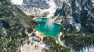 mountains, lake, landscape, forest, slopes, snowy - wallpapers, picture