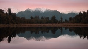 山，湖，风景，树木，海岸，反射