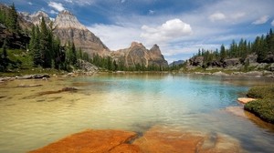 mountains, lake, plates, trees, stones