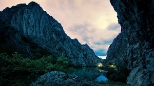 mountains, the lake, rocks, cliffs, the house, lights, dusk, evening, bushes