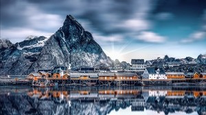 mountains, lake, buildings, reflection