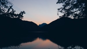 mountains, lake, dusk, reflection, horizon, branches