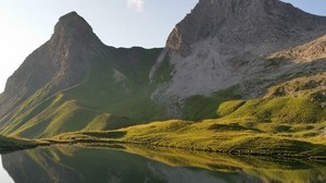 mountains, lake, grass, reflection