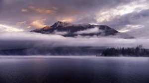 mountains, lake, fog, clouds, peaks, Queenstown, New Zealand