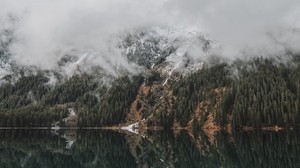 mountains, lake, fog, clouds, forest, landscape