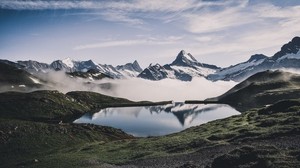 mountains, lake, fog, landscape, nature