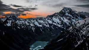 mountains, lake, peaks, top view