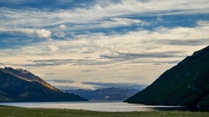 mountains, lake, water, grass, landscape, travel - wallpapers, picture