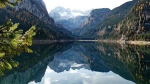 mountains, lake, body of water, reflection, mirror, trees, branches