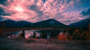 mountains, lake, sunset