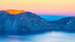 montañas, lago, puesta de sol, horizonte, parque nacional, lago crater, estados unidos