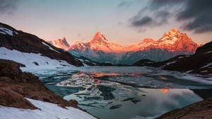 montañas, lago, puesta de sol, tarde, hielo, paisaje, Suiza