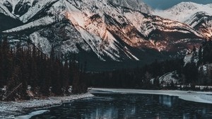 mountains, lake, snowy, snow, jasper, canada - wallpapers, picture