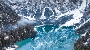 山、湖、冬、降雪、トップビュー、イタリア