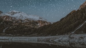 mountains, lake, starry sky, snowy, night - wallpapers, picture