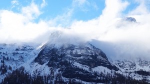 mountains, peak, peak, snow, fog, sky - wallpapers, picture