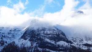 berge, gipfel, gipfel, schnee, nebel, himmel