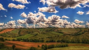 montañas, campos, nubes, sombras, agricultura