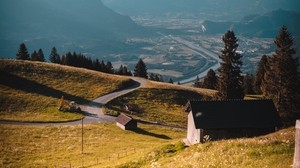 berge, dorf, landschaft, bauten, straße