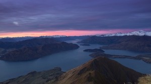 mountains, dawn, lake, view from above, new zealand